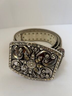 Silver-Tone Floral Crystal Accent Belt - White Strap